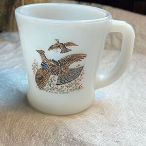 Vintage Fire King milk glass Ruffed Grouse coffee mug.